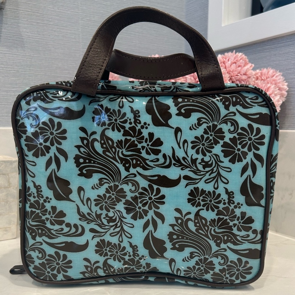 RED ENVELOPE Floral Toiletry Cosmetic Case Teal Brown Leather Handles UNUSED
